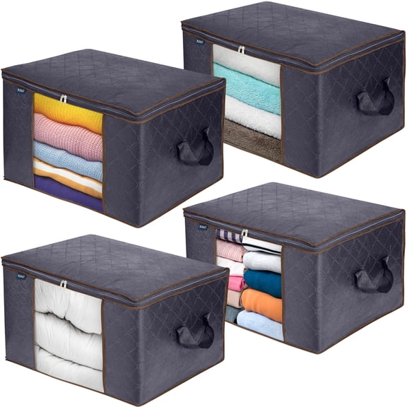 Royale Large Capacity 4 Pack Clothes Storage Bag Organizer with Strong Handle-90L Fabric Bag - Zipper Closure - Storage Container for Organizing Bedroom, Closet, Clothing, Comforter with Clear Window