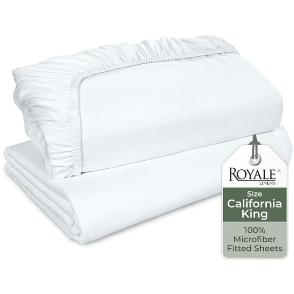 Royale Linens 2 Pack Fitted Sheet - Elastic Sheets - California King Fitted Sheet Only - Soft & Breathable - 1800 Microfiber - Stain Resistant- Hotel Quality Deep Pocket Up to 16" (Cal King, White)