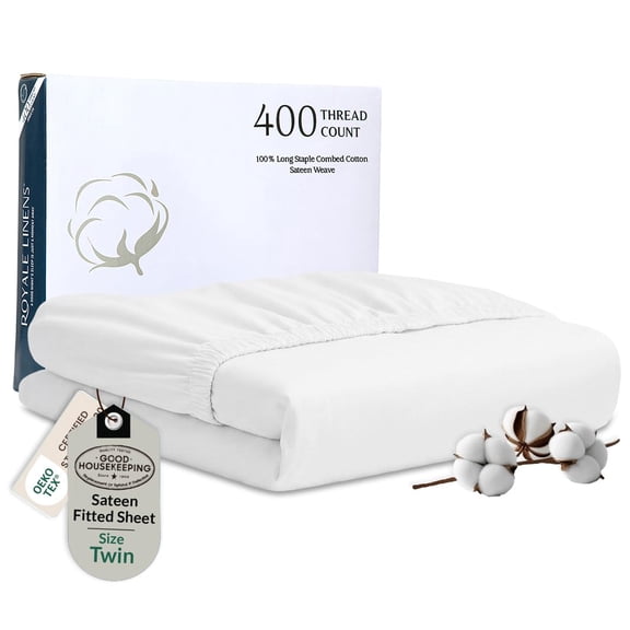 Royale Linen 400 Thread Count 100% American Grown Cotton Fitted Sheet Twin Size - All Around Elastic Fitted Sheet - Luxury Sateen Weave - Snug Fit Bottom Sheet Fit Up to 16" (Twin, Signature White)
