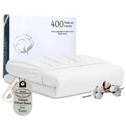 Royale Linen 400 Thread Count 100% American Grown Cotton Fitted Sheet Twin Size - All Around Elastic Fitted Sheet - Luxury Sateen Weave - Snug Fit Bottom Sheet Fit Up to 16" Twin, Signature White