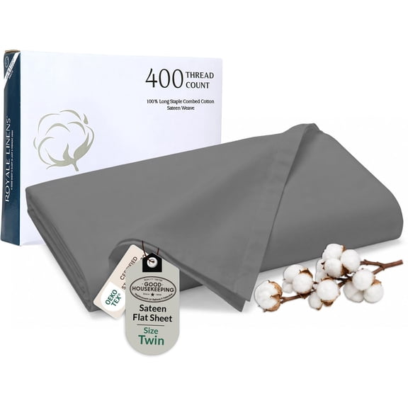 Royale Linen 400 Thread Count 100% American Grown Cotton Flat Sheet - Cooling Sheets - Twin Sheets - Luxury Sateen Weave - Twin Flat Sheet Sold Separately - Grey Flat Sheet Only (Twin, Spanish Slate)