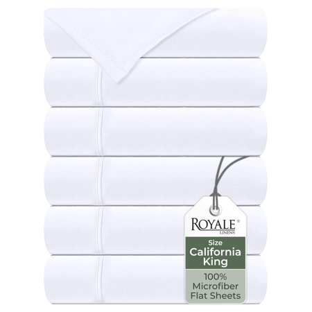 Royale Linens 6 Pack Bulk Flat Sheet Set - Top Sheets - Soft 1800 Microfiber - Stain Resistant - for Hotel, Massage Table, Hospital, Dorm - California King Flat Sheet Sold Separately (King Cal,White)