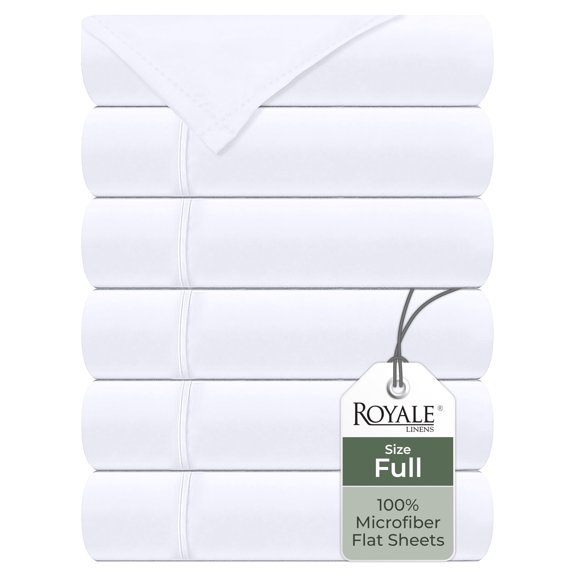 Royale Linens 6 Pack Bulk Flat Sheet Set - Top Sheets - Soft 1800 Microfiber - Wrinkle & Stain Resistant - for Hotel, Massage Table, Hospital, Dorm - Full Flat Sheet Sold Separately (Full, White)