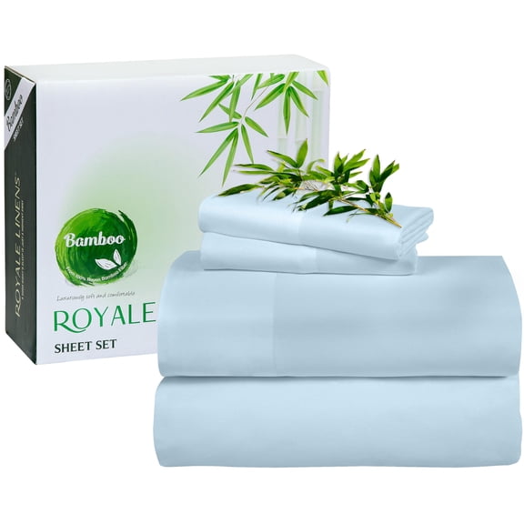 Royale Linen Bamboo Viscose Queen Sheet Set - Cooling Bed Sheet Set 1 Fitted 1 Flat & 2 Pillowcase Fits Up to 16" Organic Viscose Derived from Bamboo Bedding Sheet &Pillowcase (Queen,LakeBlue)