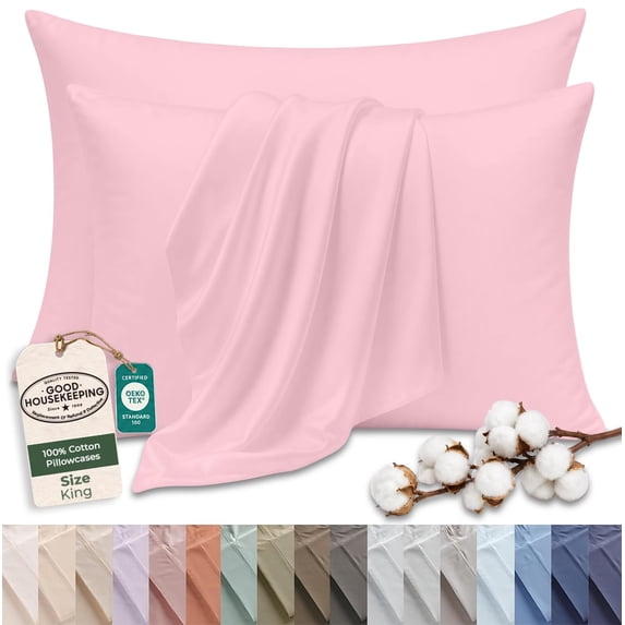 Royale Linens 100% Cotton Pillow Cases King Size Set of 2 - Percale Pillowcase - Pink Pillow Cases Super Soft Cooling & Breathable Hotel Cotton Pillowcases, Fits King Pillows (20"x40", Pink)
