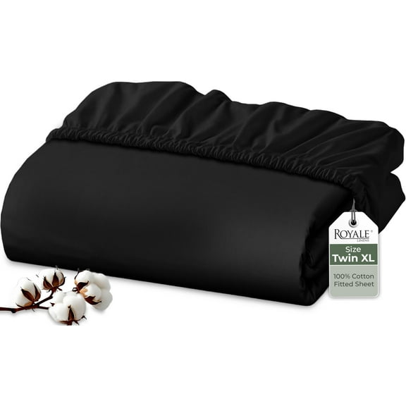 Royale Linens 100% Organic Cotton Fitted Sheet - Percale Weave - Super Soft Deep Pocket Bottom Sheets - Black Elastic Sheet Twin XL Size - Twin XL Fitted Sheets Only - (39"x80"+15", Black)
