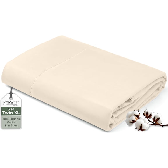 Royale Linens 100% Organic Cotton Fitted Sheet - Percale Weave - Super Soft Deep Pocket Bottom Sheets - Cream Elastic Sheet Twin XL Size - Twin XL Fitted Sheets Only - (39"x80"+15", Cream)