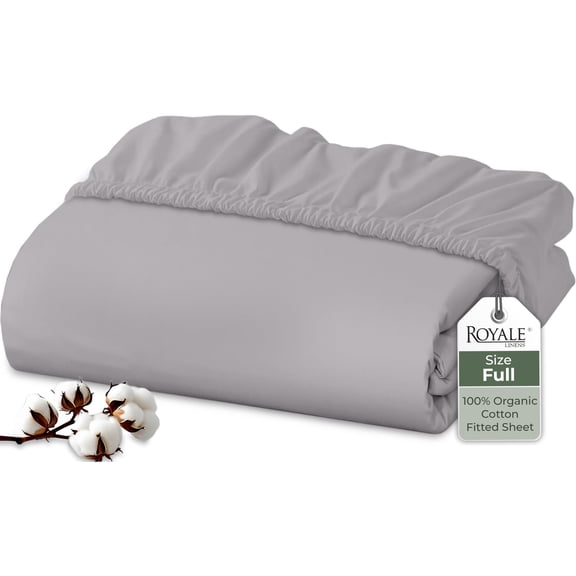 Royale Linens 100% Organic Cotton Fitted Sheet - Percale Weave - Super Soft Deep Pocket Bottom Sheets - Elastic Sheet Full Size - Full Fitted Sheets Only - (54"x75"+15", Silver)