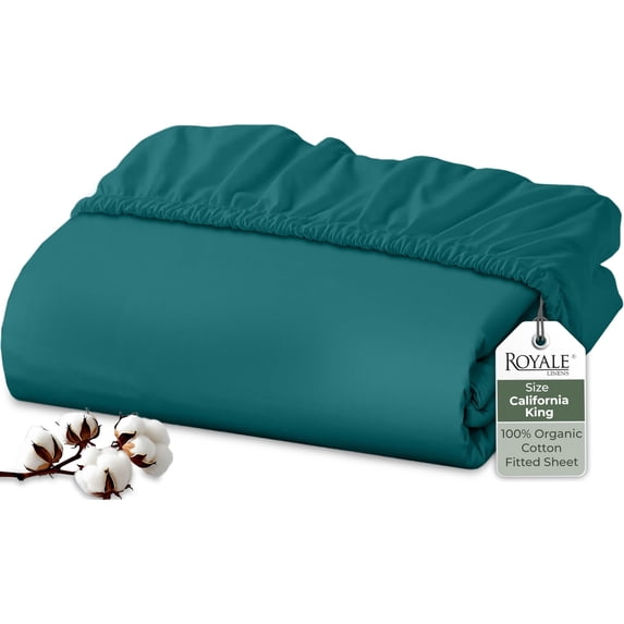 Royale Linens 100% Organic Cotton Fitted Sheet - Percale Weave - Super Soft Deep Pocket Bottom Sheets - Elastic Sheet King Cal Size - California King Fitted Sheets Only - (72"x84"+15", Teal)