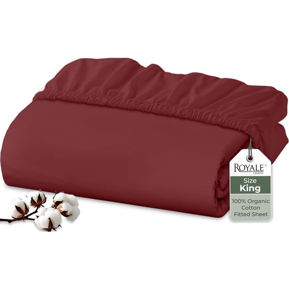 Royale Linens 100% Organic Cotton Fitted Sheet - Percale Weave - Super Soft Deep Pocket Bottom Sheets - Elastic Sheet King Size - King Fitted Sheets Only - (78"x80"+15", Red)