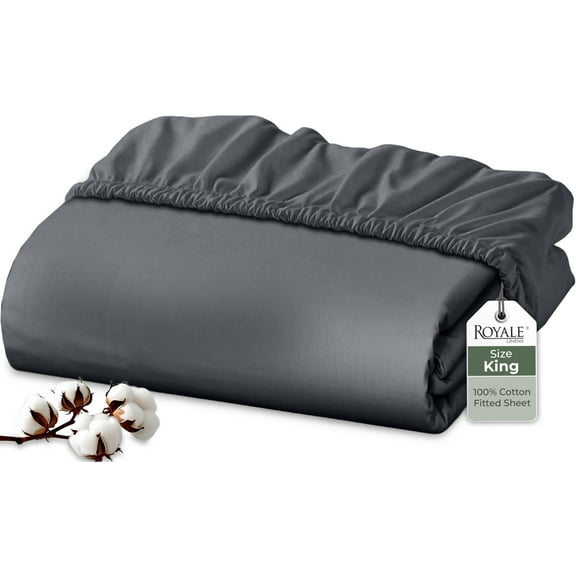 Royale Linens 100% Organic Cotton Fitted Sheet - Percale Weave - Super Soft Deep Pocket Bottom Sheets - Grey Elastic Sheet King Size - King Fitted Sheets Only - (78"x80"+15", Grey)