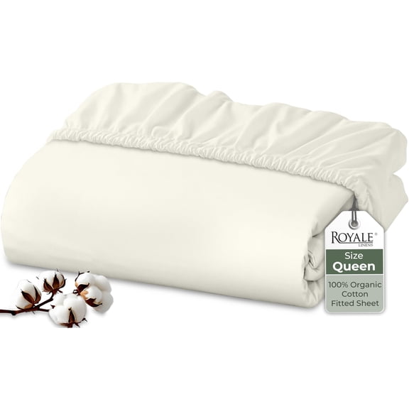Royale Linens 100% Organic Cotton Fitted Sheet - Percale Weave - Super Soft Deep Pocket Bottom Sheets - Ivory Elastic Sheet Queen Size - Queen Fitted Sheets Only - (60"x80"+15", Ivory)
