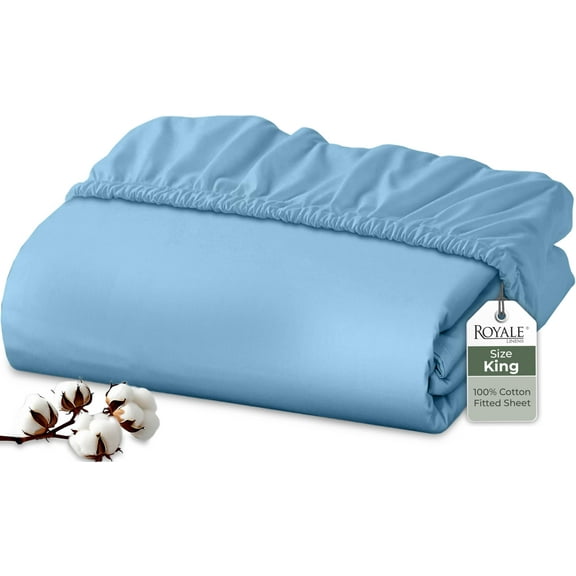 Royale Linens 100% Organic Cotton Fitted Sheet - Percale Weave - Super Soft Deep Pocket Bottom Sheets - Lake Blue Elastic Sheet King Size - King Fitted Sheets Only - (78"x80"+15", Lake Blue)