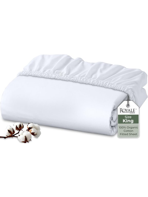 100% Organic Cotton Fitted Sheet - Percale Weave - Super Soft Deep Pocket Bottom Sheets - White Elastic Sheet King Size - King Fitted Sheets Only - (78"x80"+15", White)