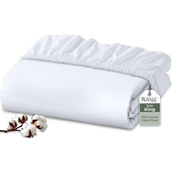Royale Linens 100% Organic Cotton Fitted Sheet - Percale Weave - Super Soft Deep Pocket Bottom Sheets - White Elastic Sheet King Size - King Fitted Sheets Only - (78"x80"+15", White)