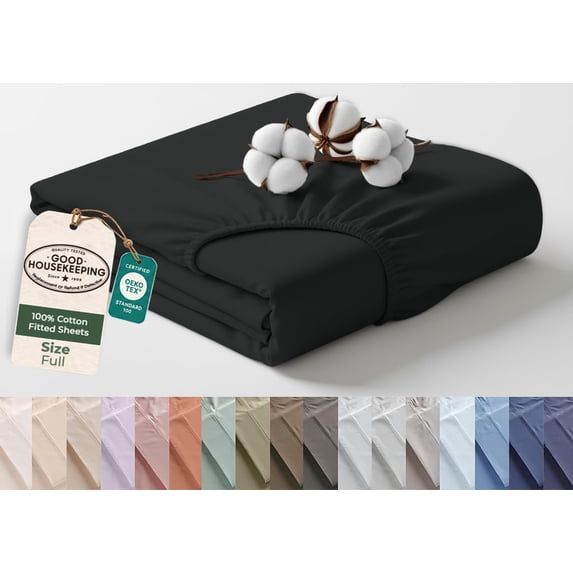 Royale Linens 100% Organic Cotton Full Fitted Sheet Only Percale Weave Super Soft Deep Pocket Bottom Sheets Black Elastic Sheet Full Size Fitted Sheets Only - (54"x75"+15", Black)
