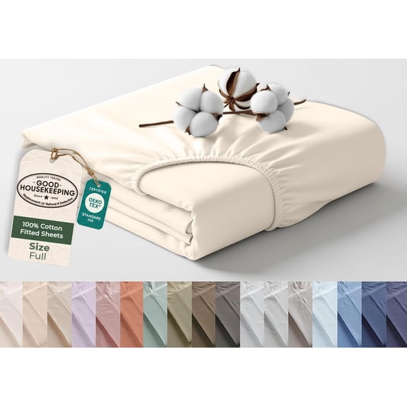 Royale Linens 100% Organic Cotton Full Fitted Sheet Only - Percale Weave - Super Soft Deep Pocket Bottom Sheets - Cream Elastic Sheet - Full Size Fitted Sheets Only - (54"x75"+15", Cream)