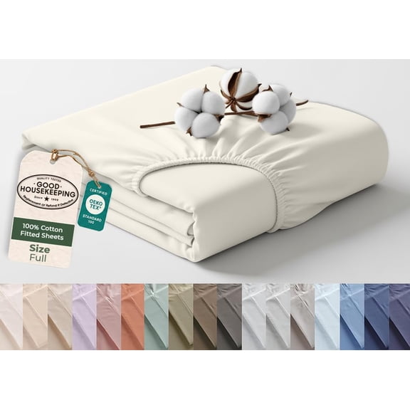 Royale Linens 100% Organic Cotton Full Fitted Sheet Only - Percale Weave - Super Soft Deep Pocket Bottom Sheets - Ivory Elastic Sheet - Full Size Fitted Sheets Only - (54"x75"+15", Ivory)