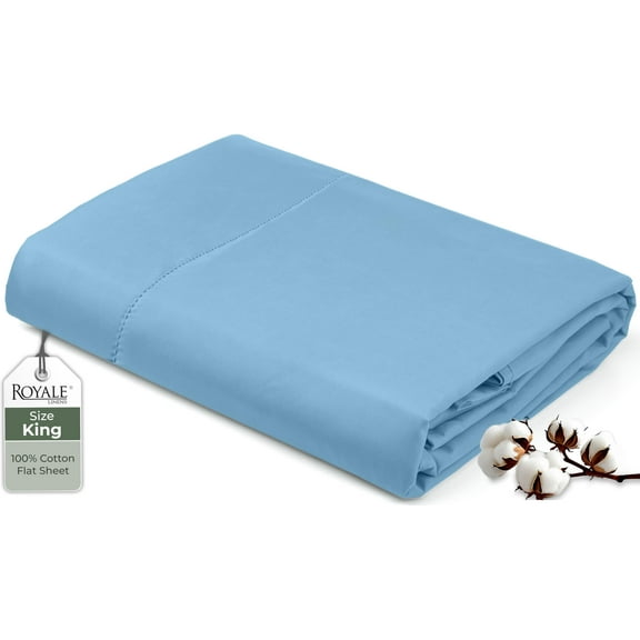 Royale Linens 100% Organic Cotton King Flat Sheet Only - Super Soft - Percale Top Sheets - King Flat Sheet Sold Separately - Breathable, Cool & Crisp Lake Blue Sheets Only (105" x 102", Lake Blue)