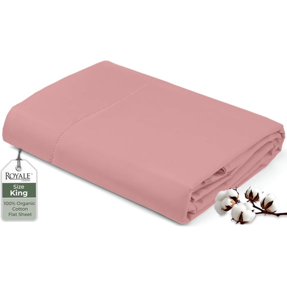 Royale Linens 100% Organic Cotton King Flat Sheet Only - Super Soft - Percale Top Sheets - King Flat Sheet Sold Separately - Breathable, Cool & Crisp White Sheets Only (105" x 102", Pink)