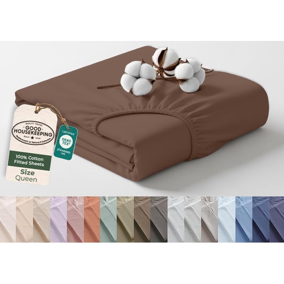 Royale Linens 100% Organic Cotton Queen Fitted Sheet Only - Percale Weave - Super Soft Deep Pocket Bottom Sheets - Chocolate Elastic Sheet - Queen Size Fitted Sheets Only - (60"x80"+15", Chocolate)