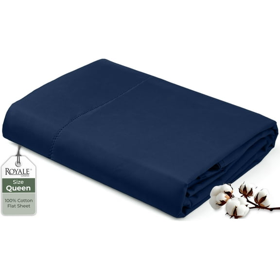 Royale Linens 100% Organic Cotton Queen Flat Sheet Only - Super Soft - Percale Top Sheets - Queen Flat Sheet Sold Separately - Breathable, Cool & Crisp Navy Sheets Only (90" x 102", Navy)