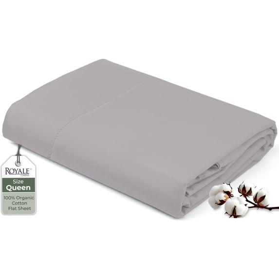Royale Linens 100% Organic Cotton Queen Flat Sheet Only - Super Soft - Percale Top Sheets - Queen Flat Sheet Sold Separately - Breathable, Cool & Crisp Sheets Only (90" x 102", Silver)