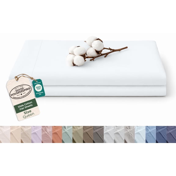 Royale Linens 100% Organic Cotton Queen Size Flat Sheet Only - Percale Top Sheets - Queen Flat Sheet Sold Separately - Lightweight & Super Soft 100% Cotton White Bed Sheets Only (90" x 102", White)