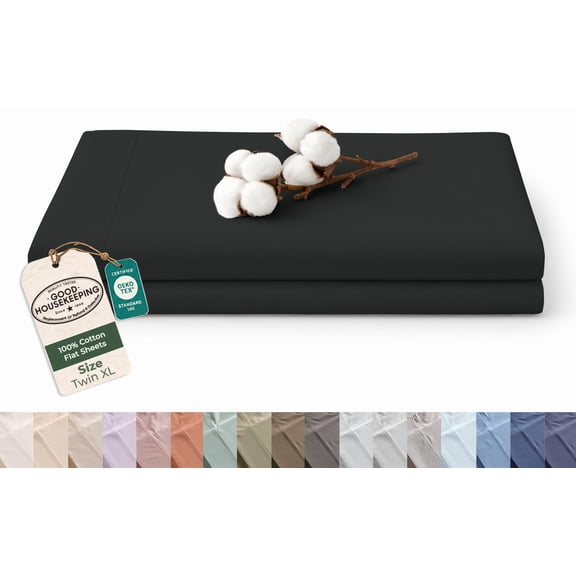 Royale Linens 100% Organic Cotton Twin XL Size Flat Sheet Only Percale Top Sheets Twin XL Flat Sheet Sold Separately Lightweight & Super Soft 100% Cotton Black Bed Sheets Only (66" x 102" Black)
