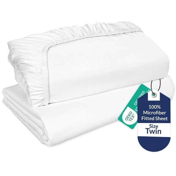 Royale Linens 2 Pack Fitted Sheet Elastic Sheets Twin Fitted Sheet Only Soft & Breathable - Brushed 1800 Microfiber - Stain Resistant- Hotel Quality Deep Pocket Stretches Up to 16" (Twin, White)