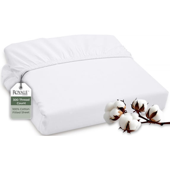 ROYALE LINENS 300 Thread Count 100% Long Staple Combed Cotton Fitted Sheet Twin XL - Super Soft Deep Pocket Bottom Sheet - Fitted Sheets Only - Elastic Sheets (Twin XL, White)