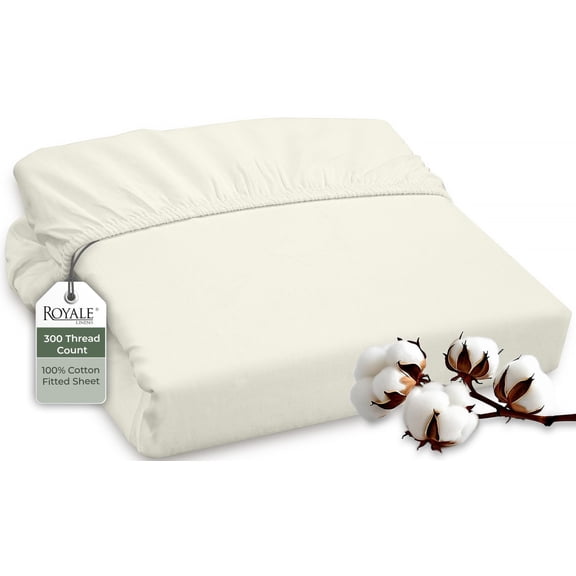 Royale Linens 300 Thread Count 100% Long Staple Combed Cotton Fitted Sheet - Super Soft Deep Pocket Bottom Sheet - Ivory Fitted Sheet King Size - King Fitted Sheet Only - Elastic Sheet (King, Ivory)