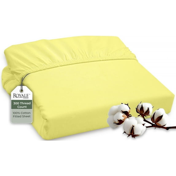 ROYALE LINENS 300 Thread Count 100% Long Staple Combed Cotton Fitted Sheet Full - Super Soft Deep Pocket Bottom Sheet - Fitted Sheets Only - Elastic Sheets (Full, Yellow)