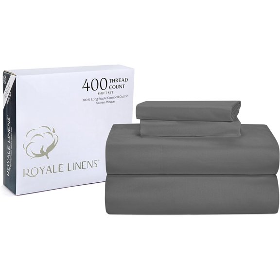 Royale Linens 400 Thread Count 100% Cotton 4 Piece Sateen Full Sheet Set - 1 Fitted Sheet, 1 Flat Sheet, 2 Pillow Case - Grey Full Bedsheet - Cotton Sheets - (Full, Spanish Slate)