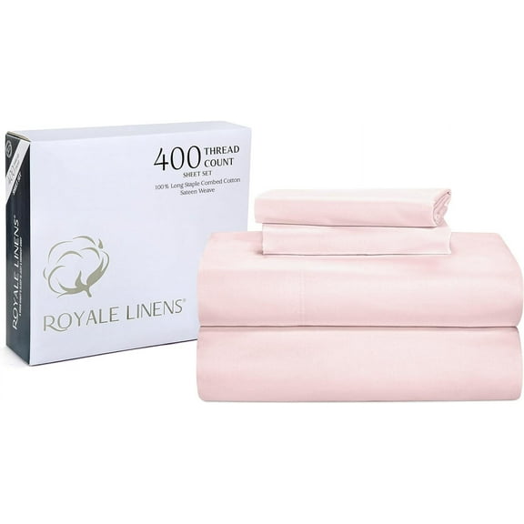 Royale Linens 400 Thread Count 100% Cotton 4 Piece Sateen Queen Sheet Set - 1 Fitted Sheet, 1 Flat Sheet, 2 Pillow Case - Pink Queen Bedsheet - Cotton Sheets - (Queen, Kyoto Blush)