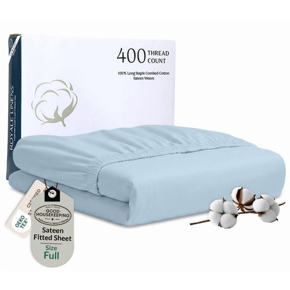 Royale Linens 400 Thread Count 100% American Grown Cotton Fitted Sheet Full Size - All Around Elastic Fitted Sheet - Luxury Sateen Weave - Snug Fit Bottom Sheet Fit Up to 16" (Full, Caribbean Blue)