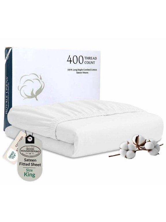 400 Thread Count 100% American Grown Cotton Fitted Sheet King Size - All Around Elastic Fitted Sheet - Luxury Sateen Weave - Snug Fit Bottom Sheet Fit Up to 16" (King, Signature White)