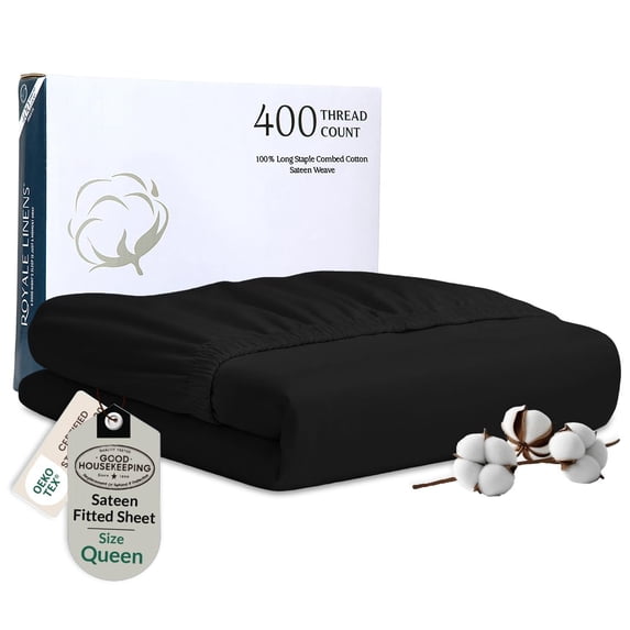 Royale Linens 400 Thread Count 100% American Grown Cotton Fitted Sheet Queen Size - All Around Elastic Fitted Sheet Luxury Sateen Weave Snug Fit Bottom Sheet Fit Up To 16" (Queen, Mid Night Black)