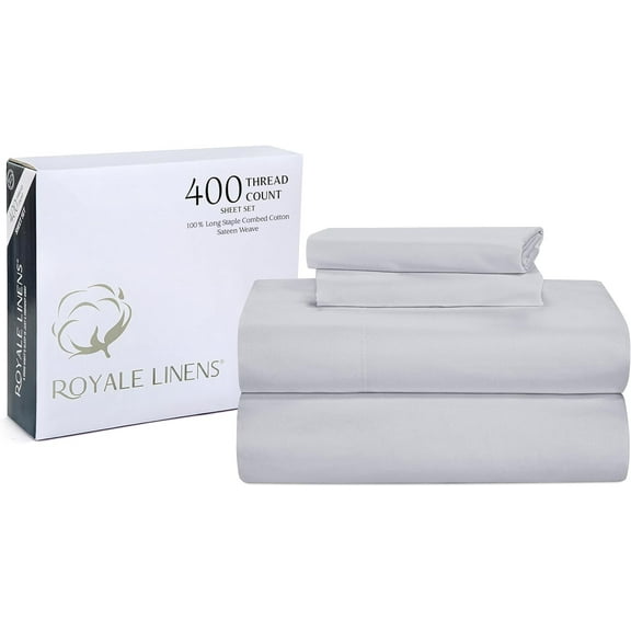 Royale Linens 400 Thread Count 100% Cotton 4 Piece Sateen Full Sheet Set - 1 Fitted Sheet, 1 Flat Sheet, 2 Pillow Case - Silver Full Bedsheet - Cotton Sheets - (Full, Spanish Silver)