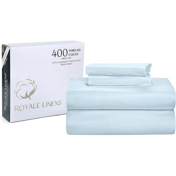 Royale Linens 400 Thread Count 100% Cotton 4 Piece Sateen King Sheet Set - 1 Fitted Sheet, 1 Flat Sheet, 2 Pillow Case - Blue King Bedsheet - Cotton Sheets - (King, Caribbean Blue)