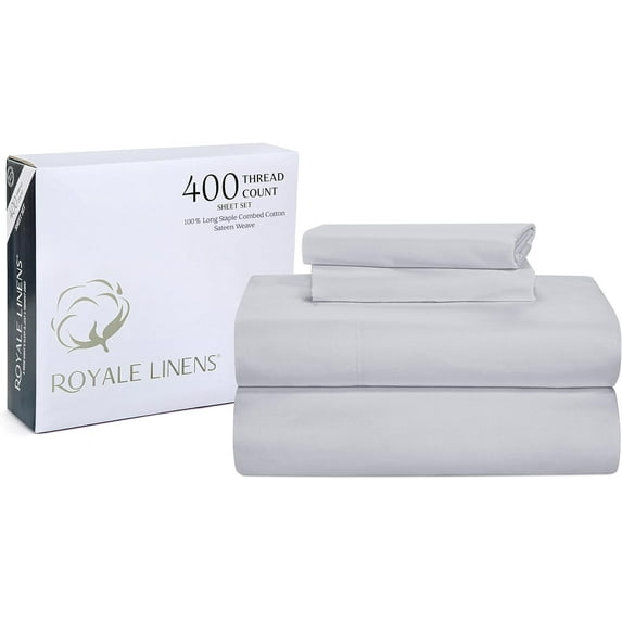 Royale Linens 400 Thread Count 100% Cotton 4 Piece Sateen King Sheet Set - 1 Fitted Sheet, 1 Flat Sheet, 2 Pillow Case - Silver King Bedsheet - Cotton Sheets - (King, Spanish Silver)