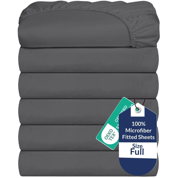Royale Linens 6 Pack Full Fitted Sheet Set - Bottom Sheet - Ultra Soft & Breathable - Brushed 1800 Microfiber - Wrinkle & Stain Resistant - Hotel Quality Deep Pocket Stretches Up to 16" (Full, Grey)