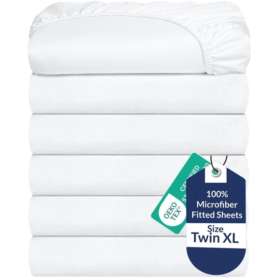 Royale Linens 6 Pack Twin XL Fitted Sheet Set - Bottom Sheet - Soft & Breathable - Brushed 1800 Microfiber - Wrinkle & Stain Resistant - Hotel Quality Deep Pocket Stretches Up to 16" (Twin XL,White)