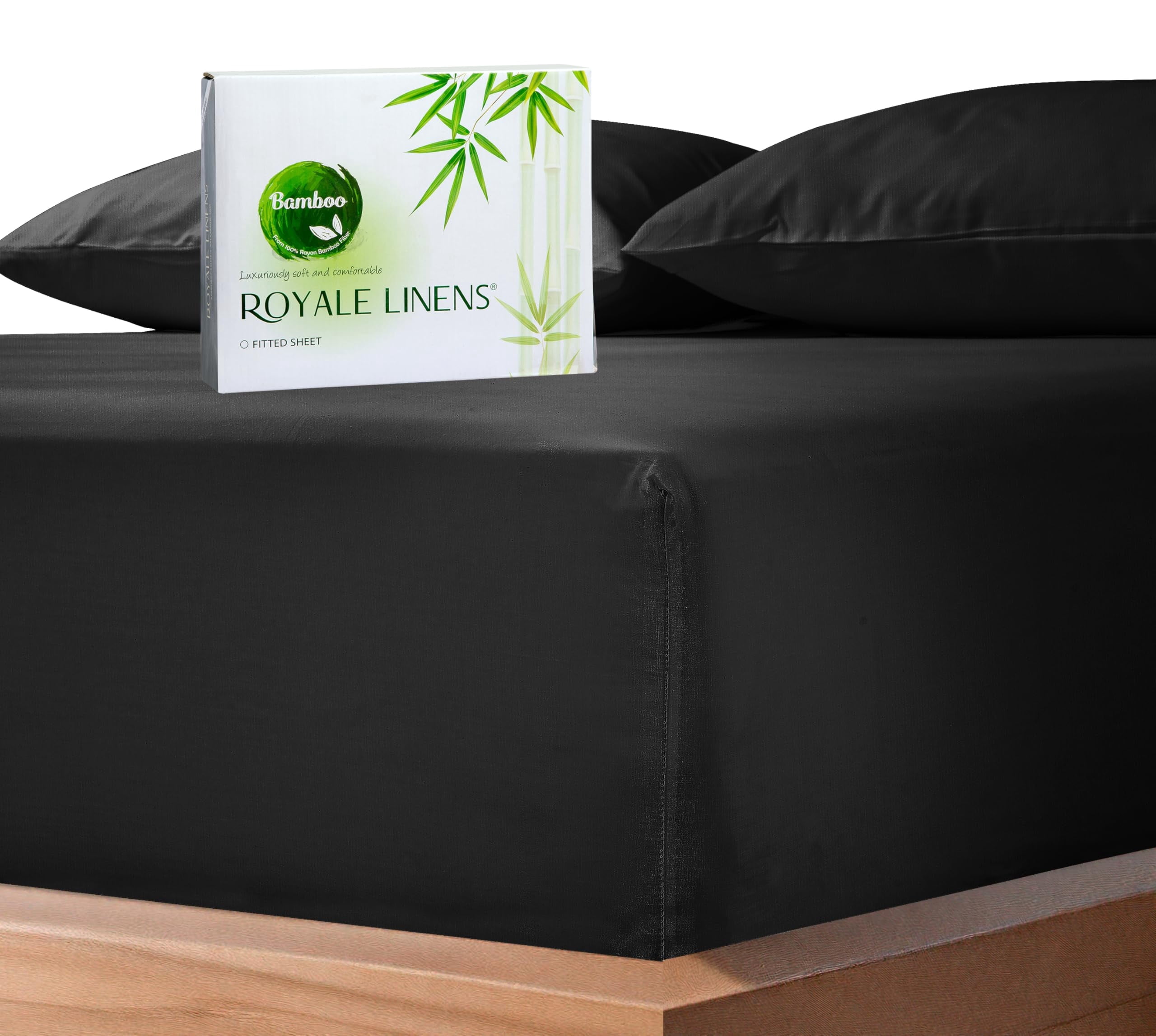Royale Linens Bamboo Fitted Sheet Twin Only - Cooling Twin Size Fitted Sheets For Bed - Deep Pocket Up to 16" - Organic Viscose Derived from Bamboo - Breathable Bottom Sheet (39x75 Inch, Black)