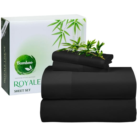 Royale Linens Bamboo Full Sheets - Cooling Bed Sheets - 1 Fitted, 1 Flat & 2 Pillowcase - Fits Up to 16" - 100% Organic Viscose Derived from Bamboo - Silky Bedding Sheet & Pillowcase (Full, Black)