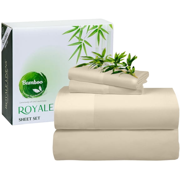 ROYALE LINENS Bamboo Viscose Twin Sheet Set - Cooling Bed Sheet Set - 1 Fitted, 1 Flat & Pillowcase - Fits Up to 16" - Organic Viscose Derived from Bamboo - Bedding Sheet & Pillowcase (Twin, Sand)