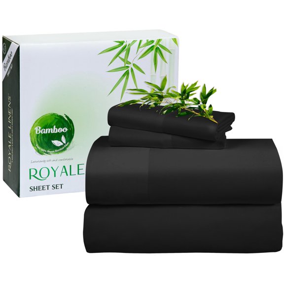 Royale Linens Bamboo Twin Sheets - Cooling Bed Sheets - 1 Fitted, 1 Flat & Pillowcase - Fits Up to 16" - 100% Organic Viscose Derived from Bamboo - Silky Bedding Sheet & Pillowcase (Twin, Black)