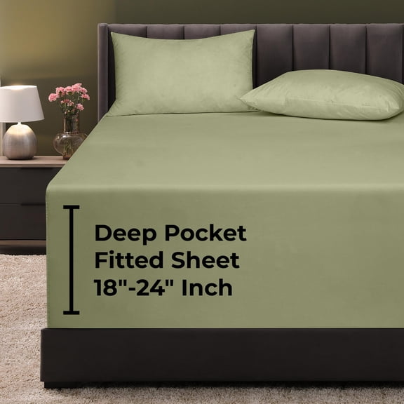 Royale Linens Extra Deep Pocket Full Fitted Sheet Only Full Size Deep Pocket Sage Green Fitted Sheet Fits 18 to 24 inch Thick Mattress Soft & Breathable Elastic Sheets (54x75 Inches, Sage Green)