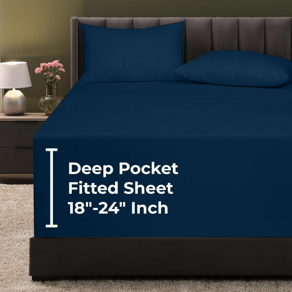 Royale Linens Extra Deep Pocket Full Fitted Sheet Only - Soft Navy Full Size Fitted Sheet Deep Pocket - Fits 18 inch to 24 inch Thick Mattress - Fitted Sheet Only - Elastic Sheet (Full, Navy)