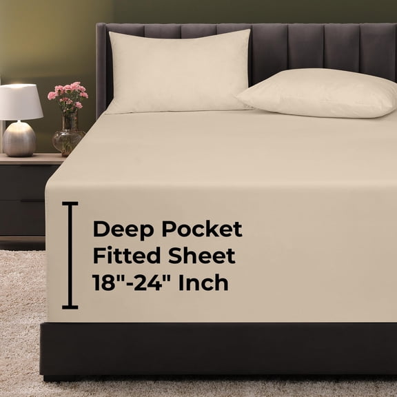 Royale Linens Extra Deep Pocket Twin Fitted Sheet Only - Twin Size Deep Pocket Sand Fitted Sheet - Fits 18 inch to 24 inch Thick Mattress - Soft & Breathable Elastic Sheets (39x75 Inches, Sand)
